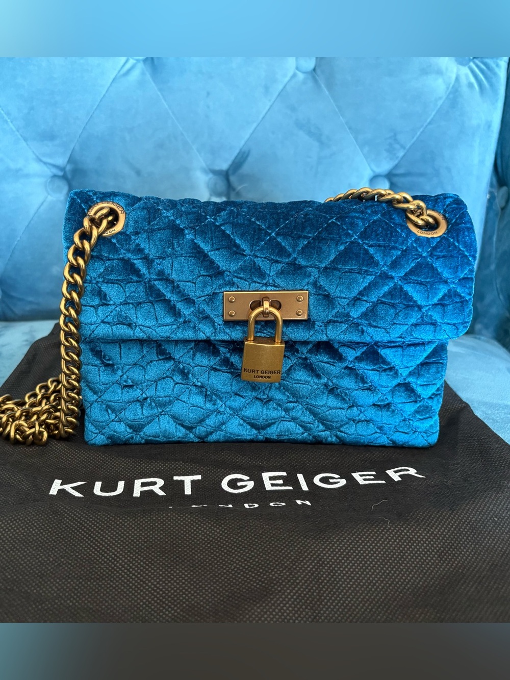 Kurt Geiger Teal Quilted Velvet Shoulder Bag with Gold Chain